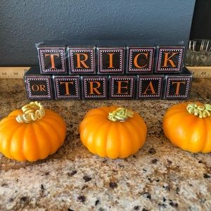 Halloween Black Trick or Treat blocks and pumpkin candles
